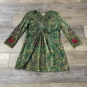 One World Top Women’s Sz S Green Boho Blouse Crochet Accent Ren Faire Festival